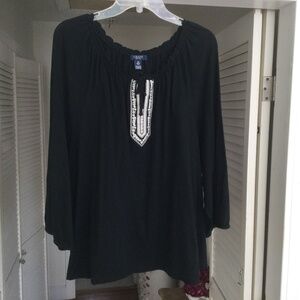 Chaps Black with White Embroidery Cotton  Knit Top BoHo 3x